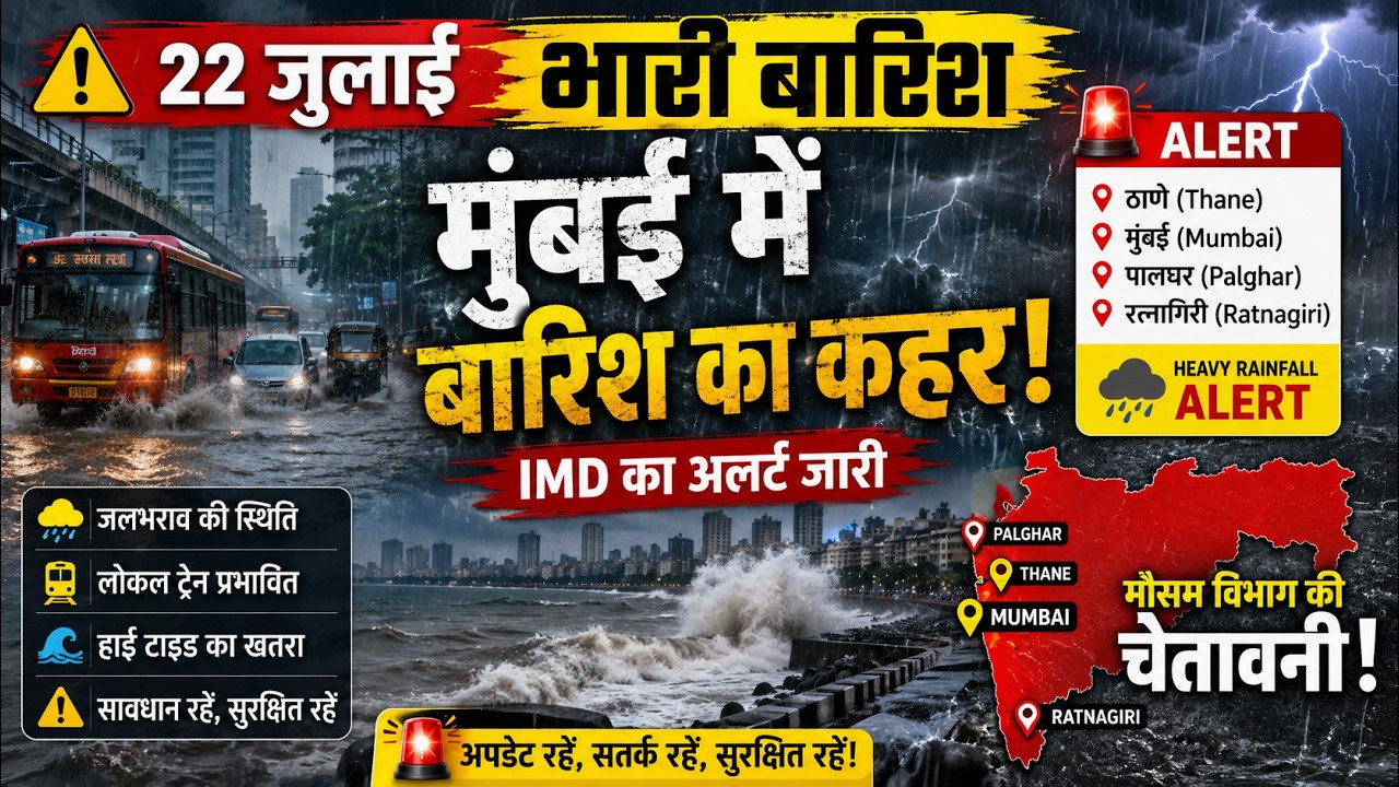 मुंबई में 22 जुलाई को भारी बारिश का कहर! 🌧️ ठाणे, पालघर, रत्नागिरी अलर्ट | Mumbai Rain News Today