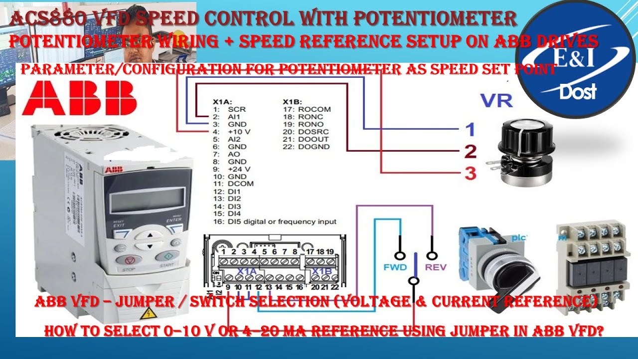 ACS880 VFD speed control with potentiometer |  select 0–10 V or 4–20 mA  using jumper in ABB VFD