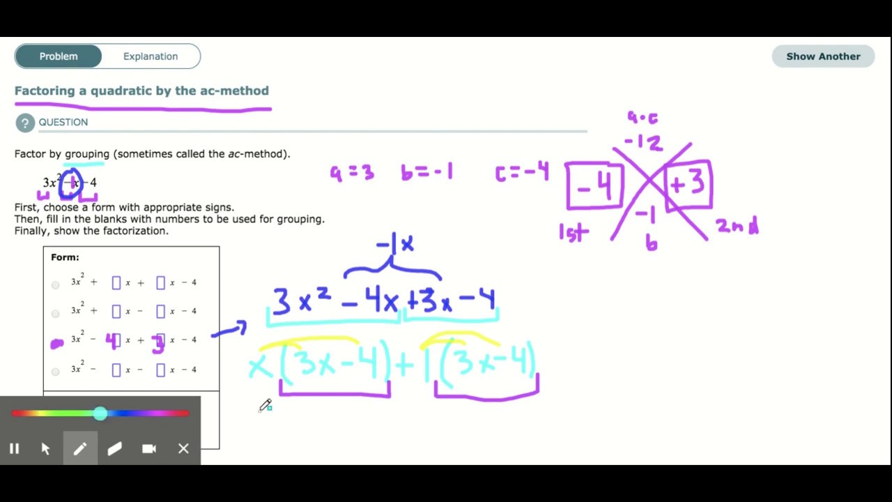 ALEKS - Factoring a quadratic by the ac-method (grouping)