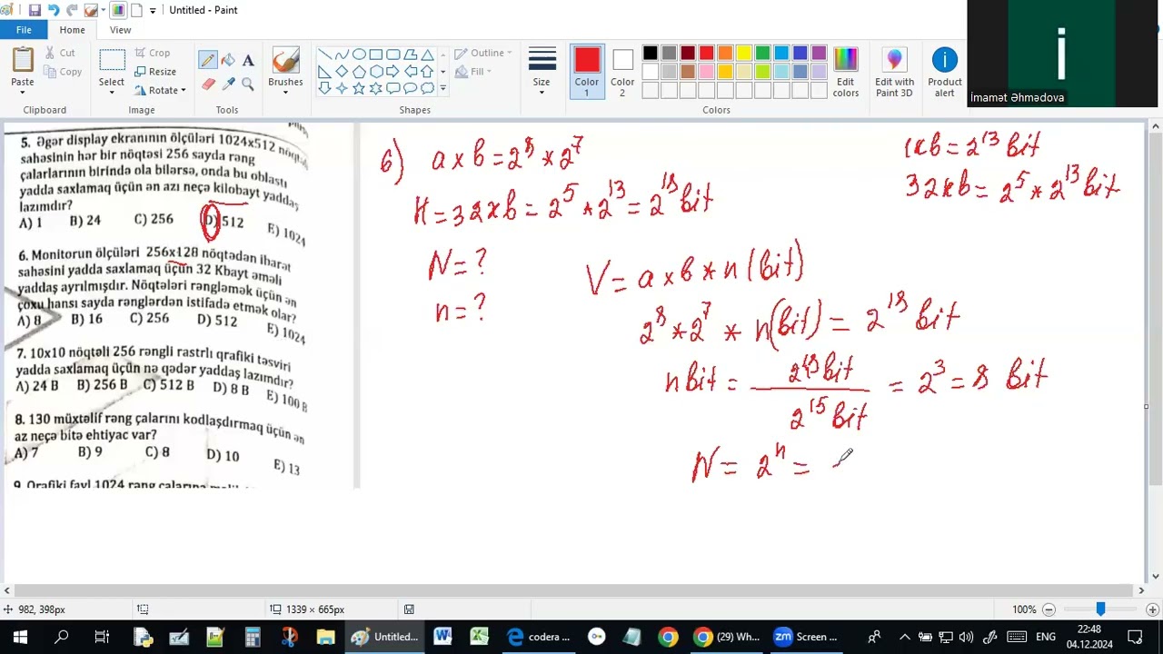 Qrafik informasiyanın kodlaşdırılması. Codera test izahı.