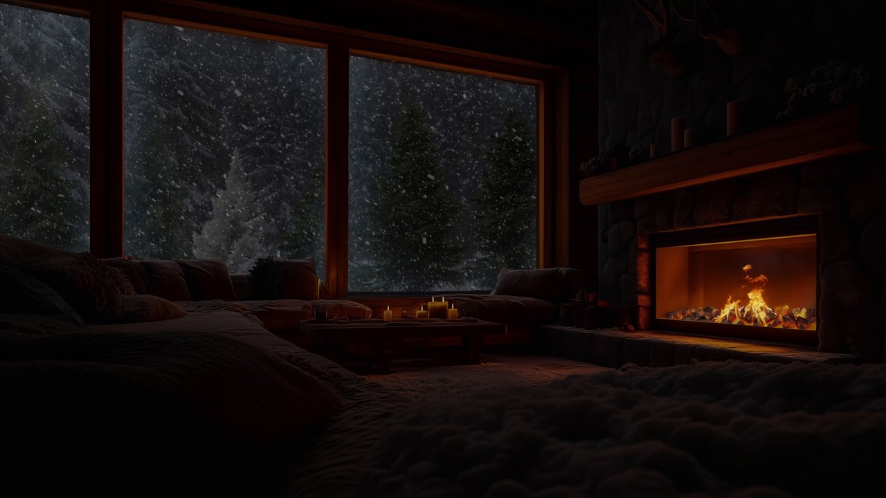 Warm Winter Cabin Atmosphere Snowy Night and Gentle Fireplace Crackles for Study and Rest