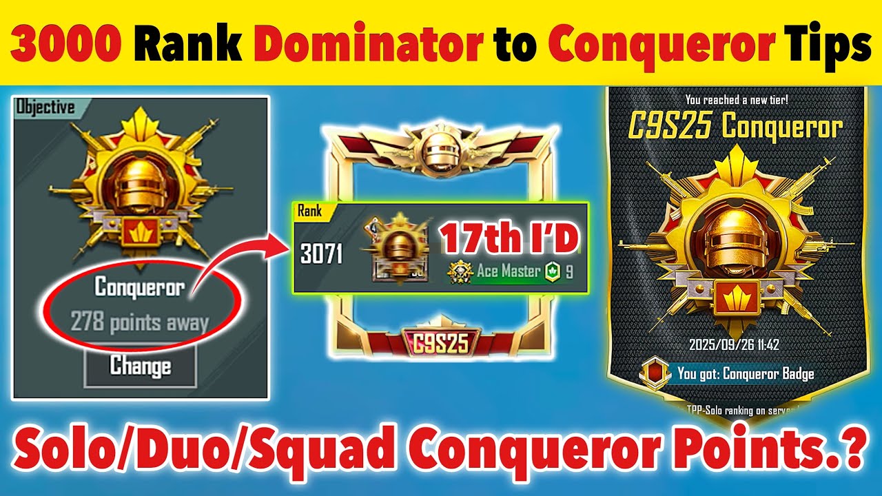 🔥RANK 3000 ACE DOMINATOR TO CONQUEROR POINTS⁉️| SEASON END CONQUEROR RANKPUSH TIPS & STRATEGY✅
