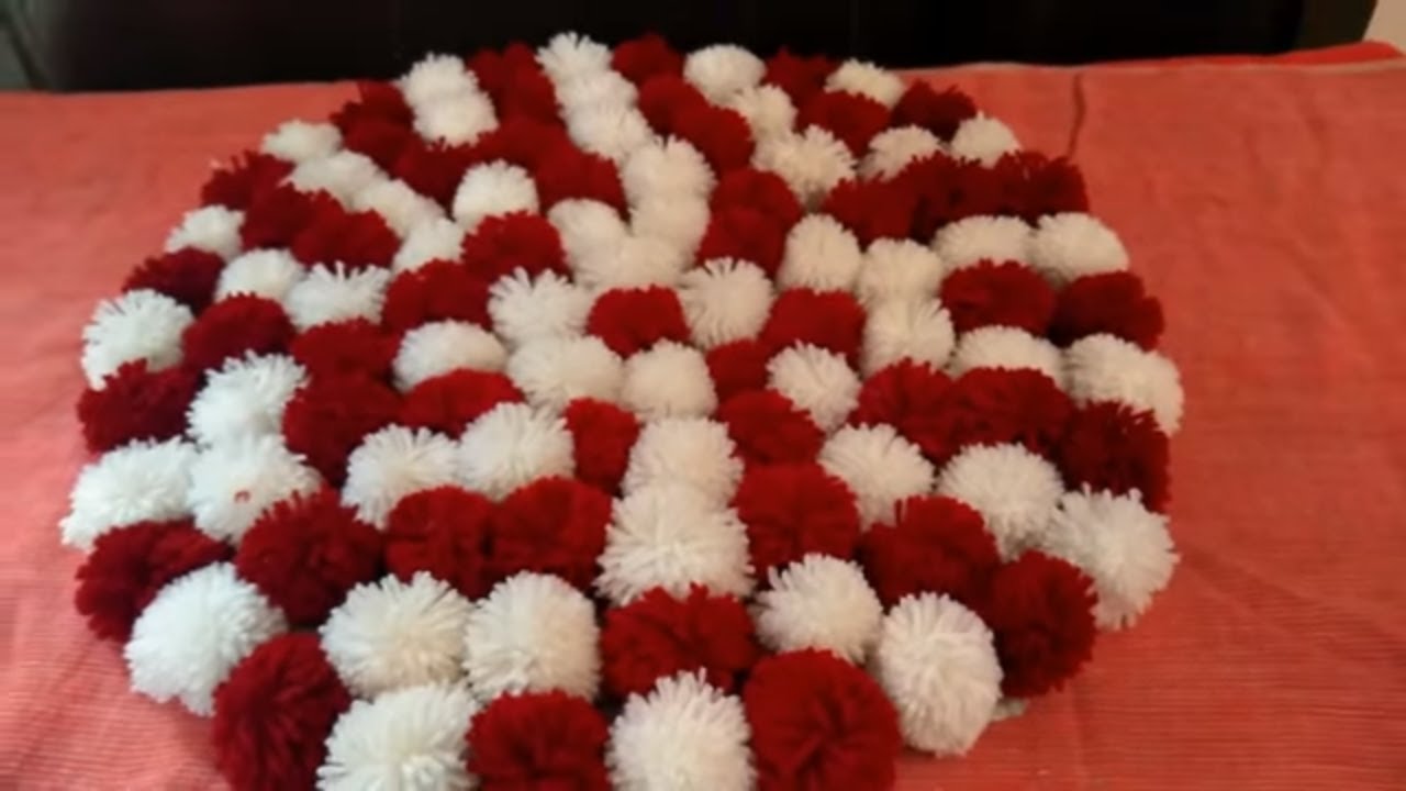 HOW TO MAKE DOOR MAT WITH WOOLEN \\ HOWTO MAKE POM POM  FROM WOOLEN \\  DOOR MAT RUG FROM WASTE  W