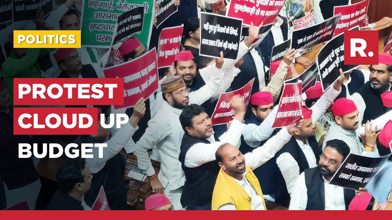Samajwadi Party Holds Protest Outside UP Assembly Ahead Of Budget Session