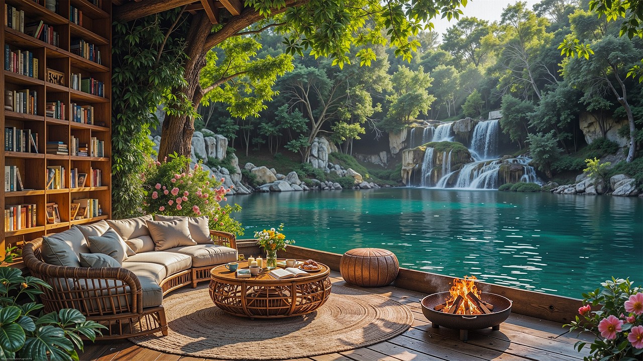 Relaxing Morning Library Coffee Jazz | Smooth Jazz and Nature Ambience for Focus and Clam