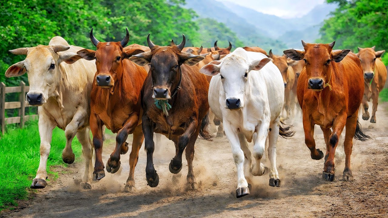 Puluhan sapi lembu ternak berlari larian keluar dari pedalaman hutan hijau, hewan peliharaan di desa
