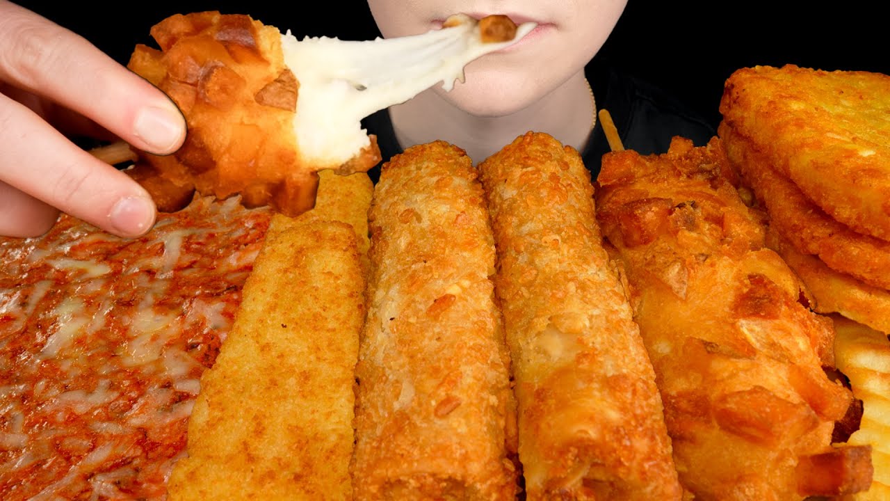 ASMR Pizza, Crunchy Mac & Cheese Rolls, Mozzarella Corn Dog, Hash Browns, Fish & Fries