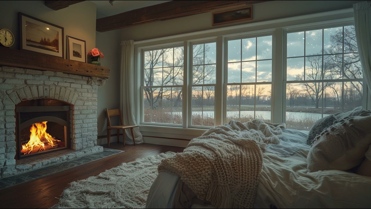 Snow Falling & Fire Crackling | 🌸 Cozy Bedroom Sanctuary Fireplace Ambience