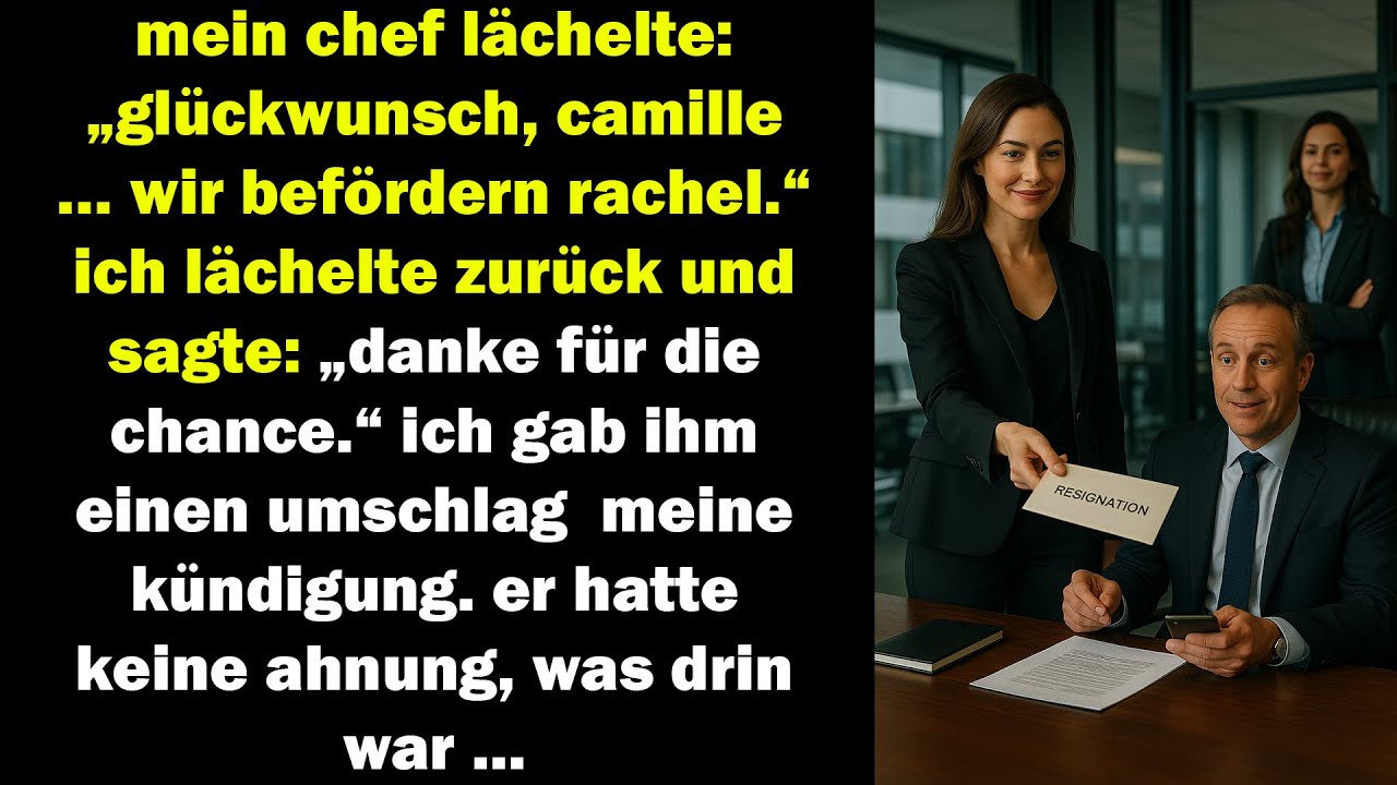 statt befördert zu werden, reicht camille die kündigung ein – ihr chef ahnt nichts vom inhalt.