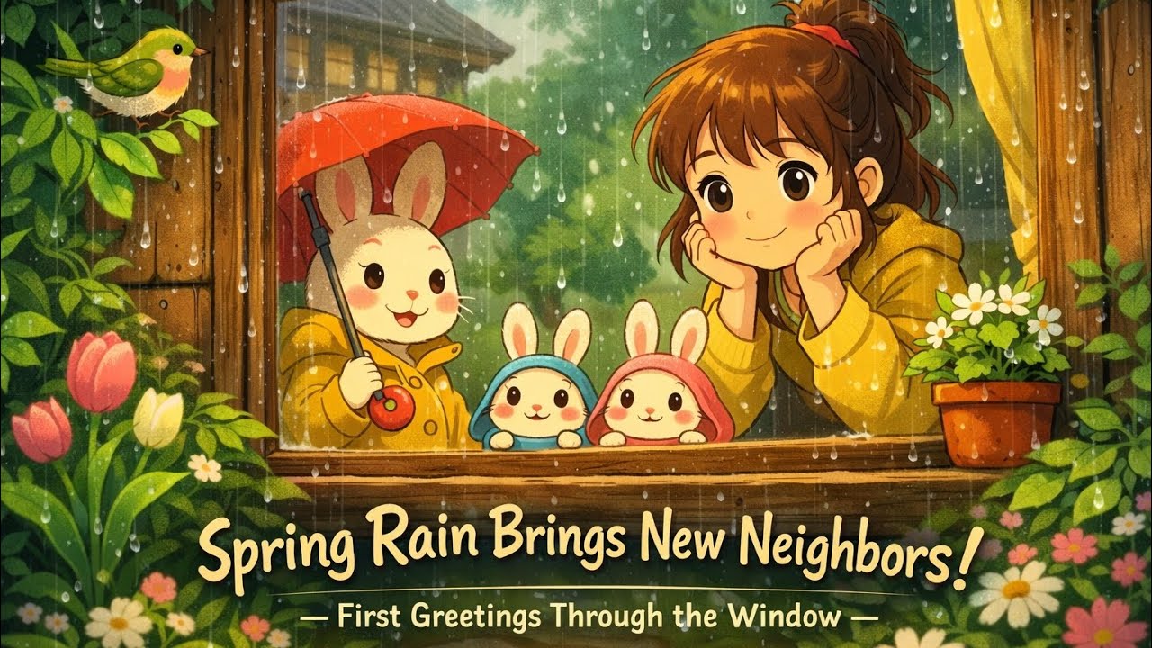 Spring Rain Brings New Neighbors: First Greetings Through the Window | Cozy Ghibli-Style Animation