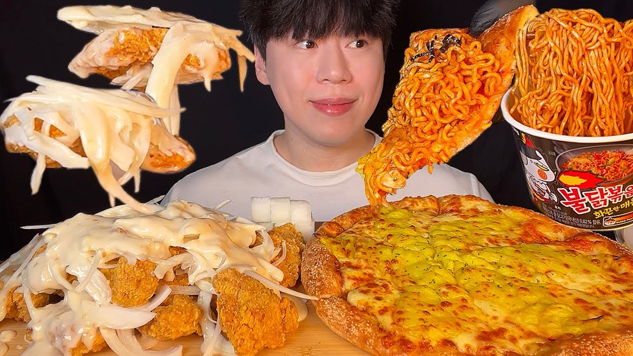 SUB) пицца со сладким картофелем и курица с белым луком и булдак рамэн мукбанг asmr