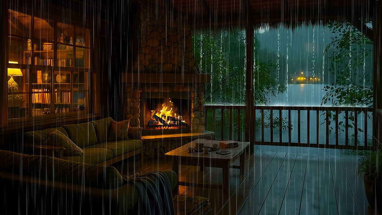 Cozy Cabin in Forest Rain at Night 🌧 Heavy Rain, Crackling Fireplace & Gentle Thunder to Sleep, Rest