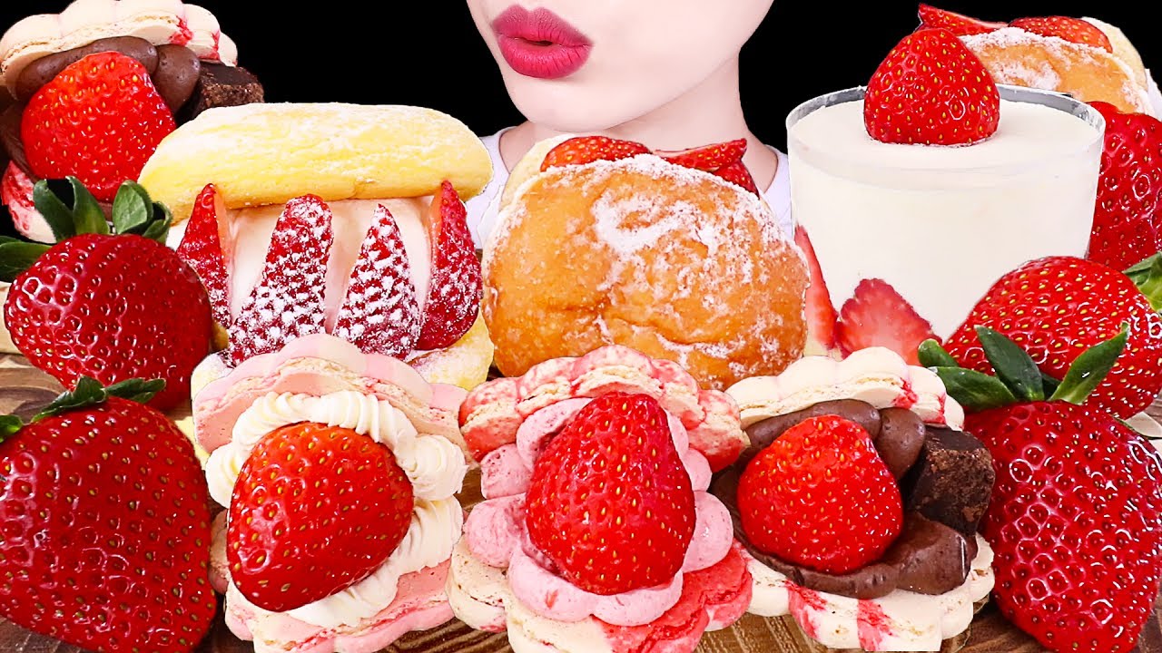 ASMR MUKBANG｜STRAWBERRY DESSERTS *SOUFFLE WHIPPED CREAM CAKE DONUTS MACARON 딸기 수플레 생크림케이크 도넛 마카롱 먹방