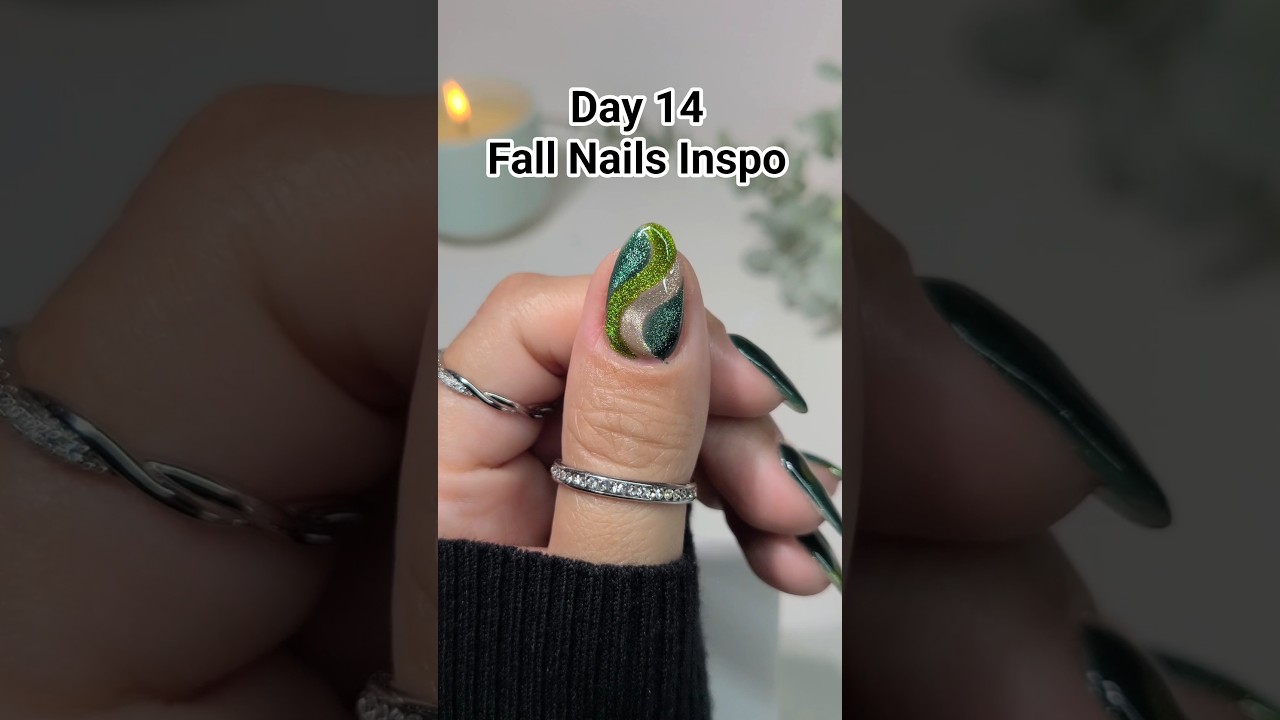Day 14 of 30 days of Fall nails #autumnnails #cateye #magneticgel #green  #fallnails #glassnails