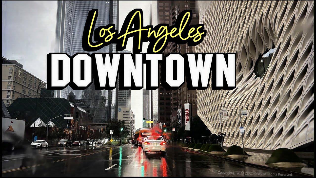 ☂︎ Driving downtown Los Angeles looking at the scenery in the rainy streets 🇺🇸 CA, USA, 4K HDR
