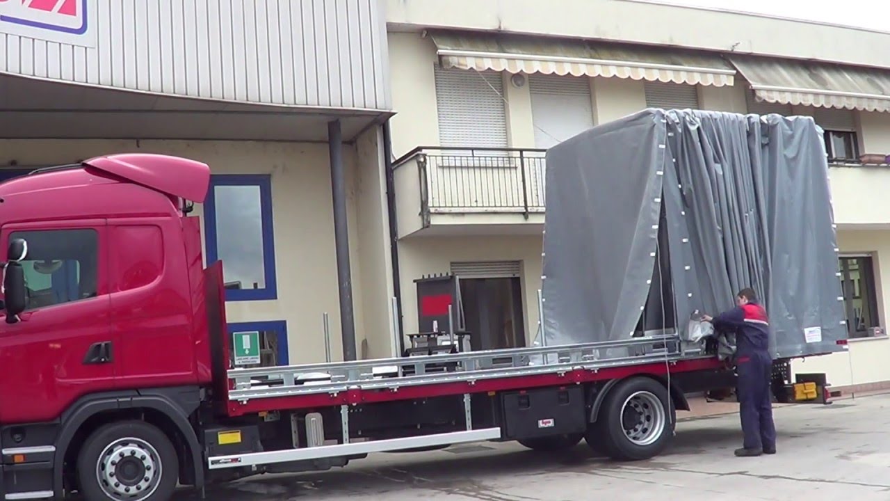 Scania 2 assi - Pianale ribassato con traverse porta container e centinatura scorrevole Spring