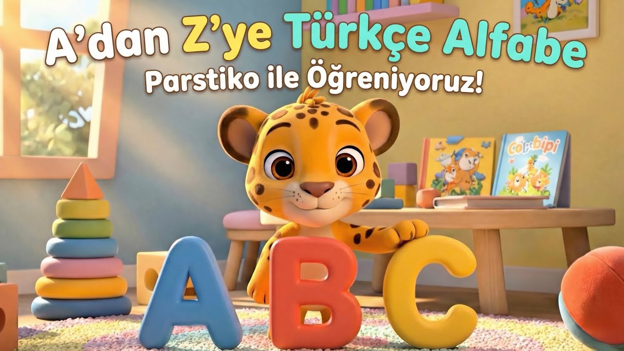 Parstiko ile Türkçe Alfabe A’dan Z’ye 🐆 | 29 Harf – Her Harfe 3 Örnek | Eğitici Çocuk Videosu 🎵
