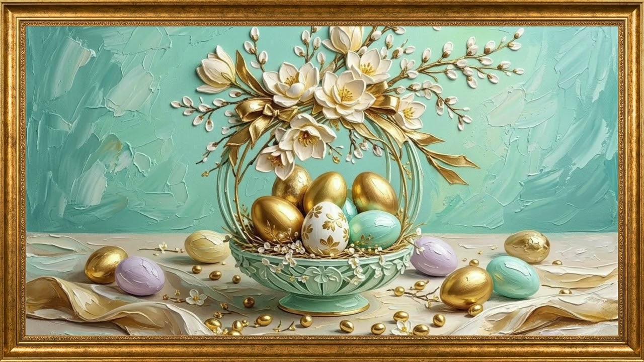 Charming Easter Egg Basket TV Art | The Frame Museum 4K Screensaver | Teal & Gold Spring Decor