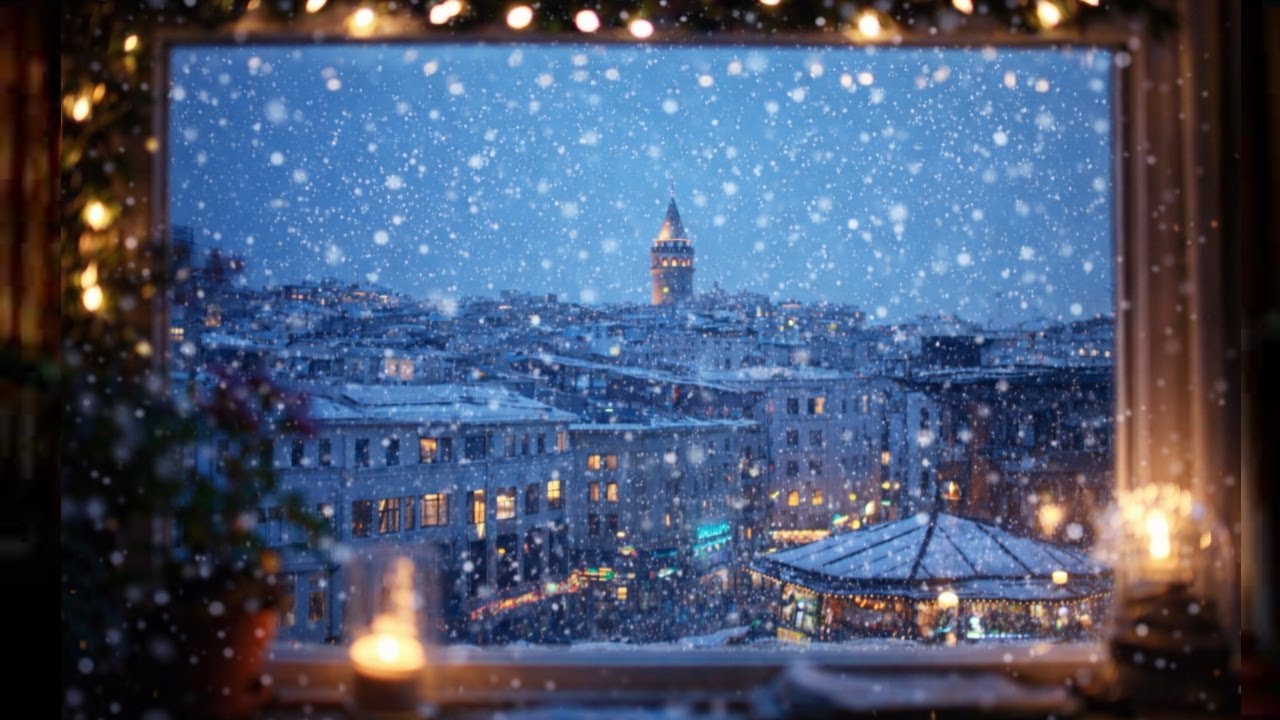 Istanbul Winter Evening | Crackling Fire, Snow & Peaceful Piano