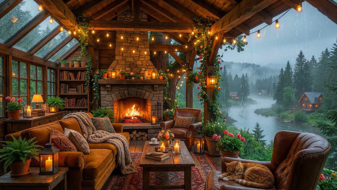 Rainy with Fireplace Jazz | Cozy Forest Porch Ambience with Crackle Sounds
