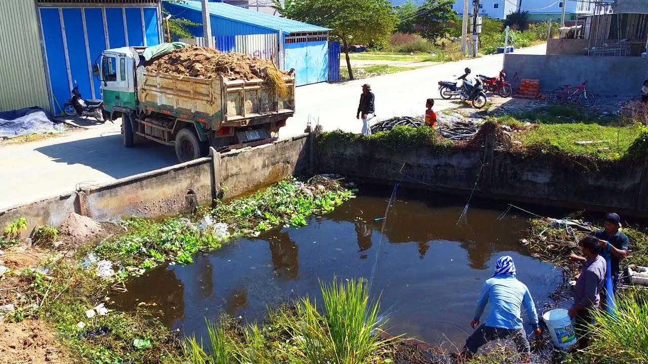 Wonderful New Project!! Strong Bulldozer Pushing Soil Filling Flooded Garbage Pond & 5ton Truck.