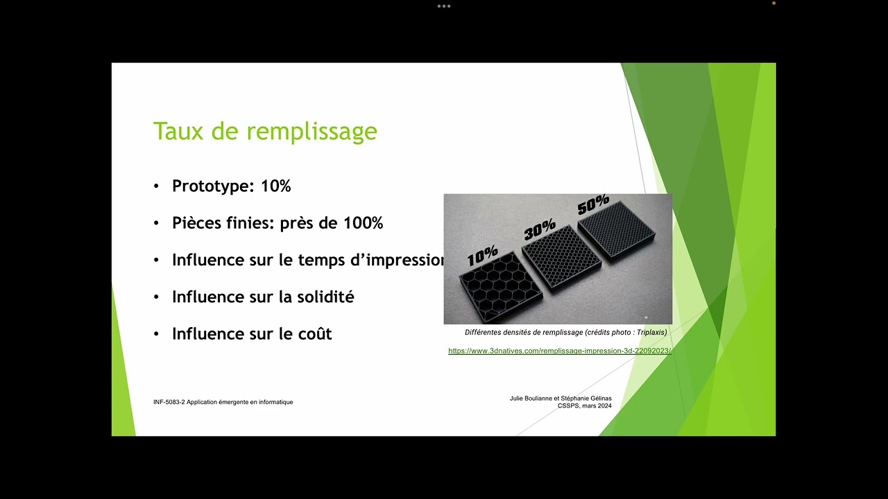 Modélisation et impression 3D Paramètres taux de remplissage