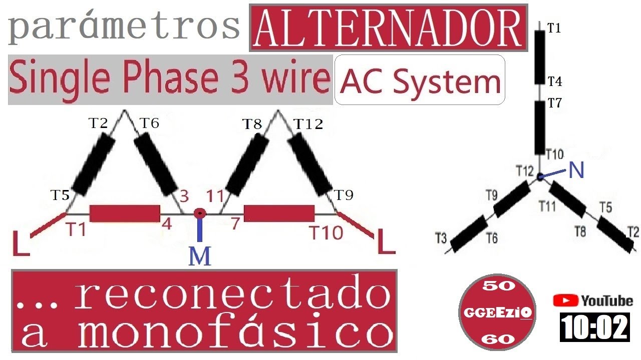 Reconexión Alternador Trifásico a Monofásico. RECONNECTION Alternator PH3 to single phase 3 wire Sys
