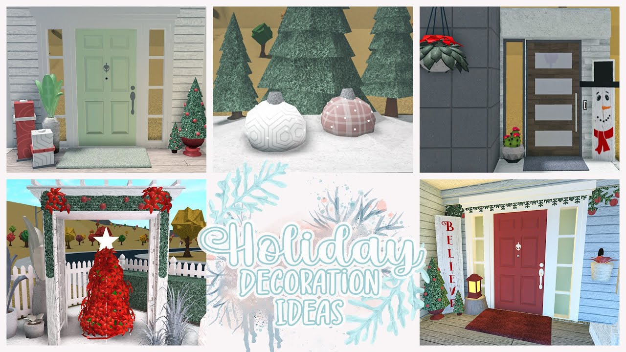 Bloxburg | Holiday Decoration Ideas | Garland Pillars, Poinsettia Tree, Wooden Holiday Signs