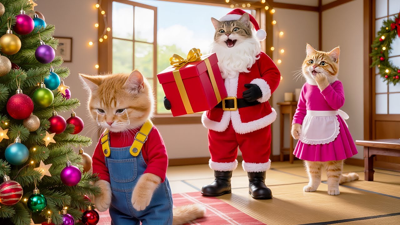 🎅🐱 Mama & Papa Cat Dress as Santa to Surprise Their Kitten — The Sweetest Christmas Gift Ever! ❤️✨