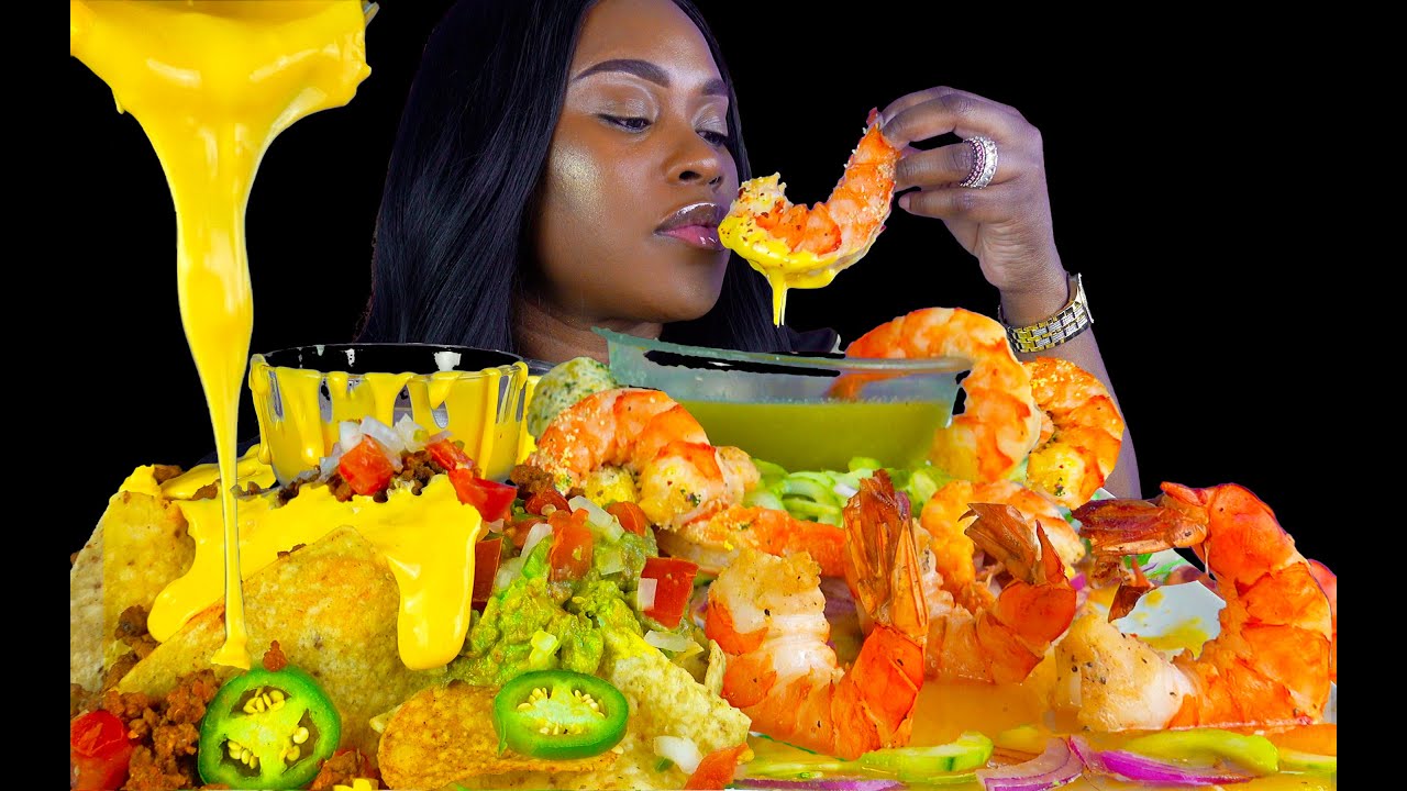 CHEESY NACHOS MUKBANG | SEAFOOD | SHRIMP CEVICHE | AGUACHILE VERDE | MEXICAN FOOD | EATING