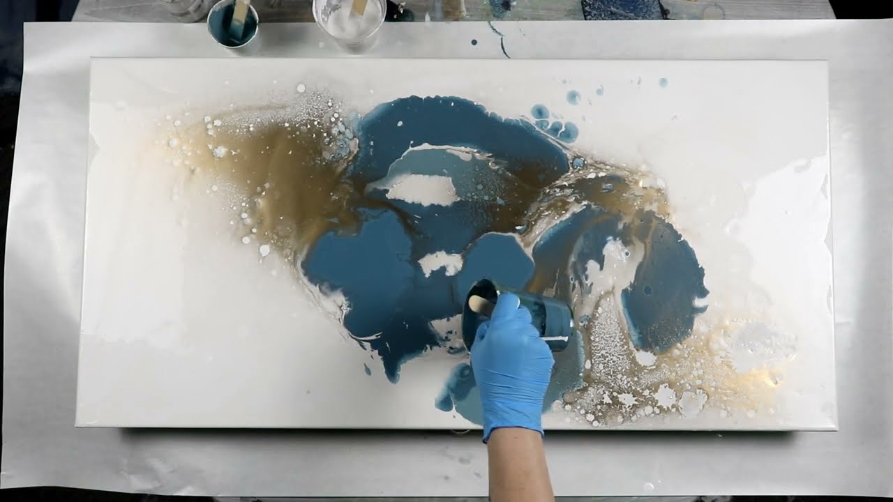 (891) Gorgeous Mixed Media Blue and Gold Acrylic Pour, Spray Paint with Acrylics!