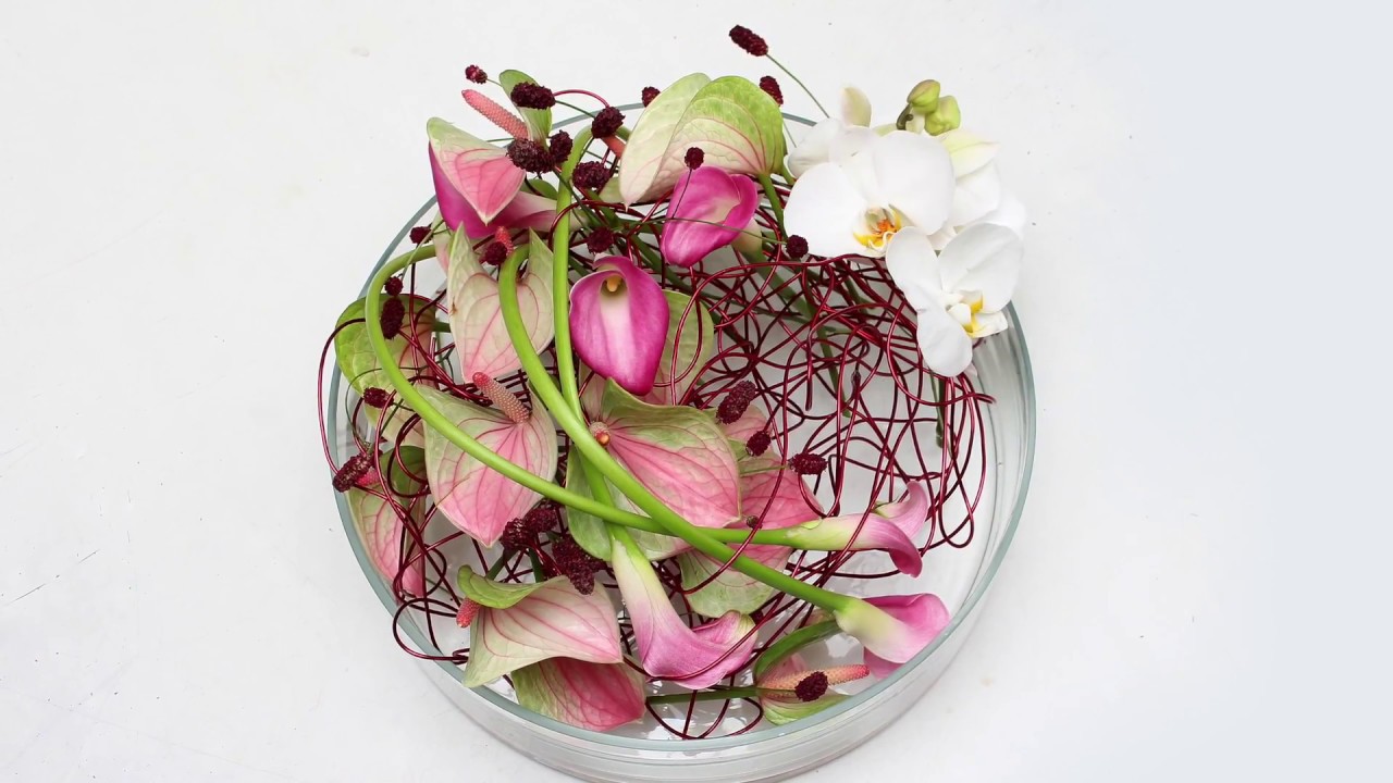 Low Glass Table Flower Arrangement - Anthurium, Calla Lilies , Phalanopsis Orchids