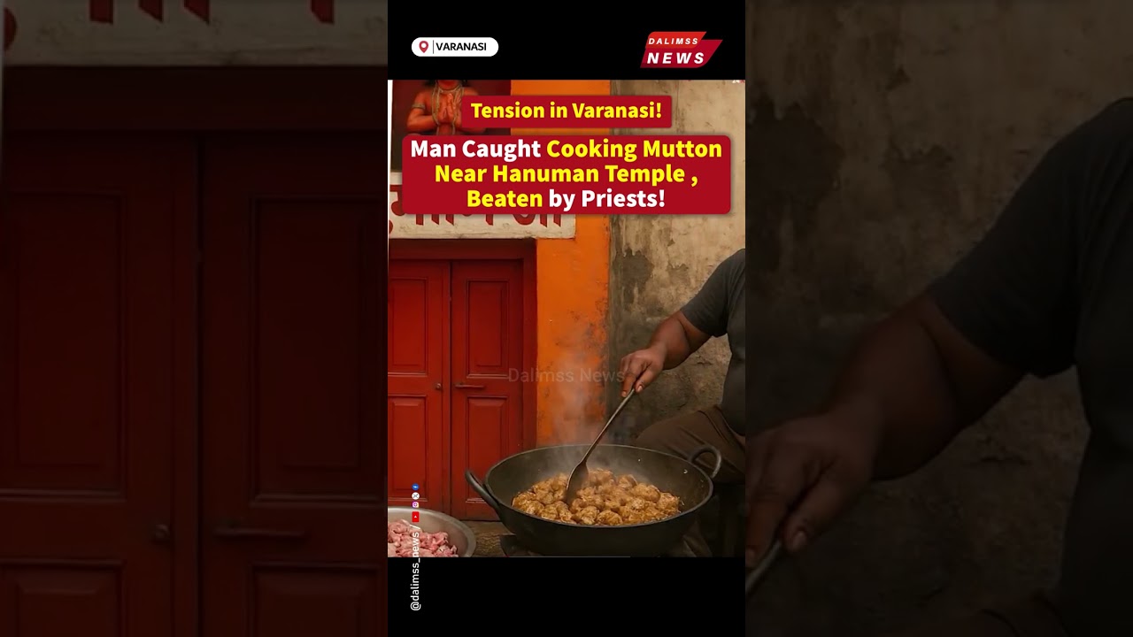 Chaos in Varanasi! Man Caught Cooking Mutton Near Hanuman Temple, Beaten by Priests!