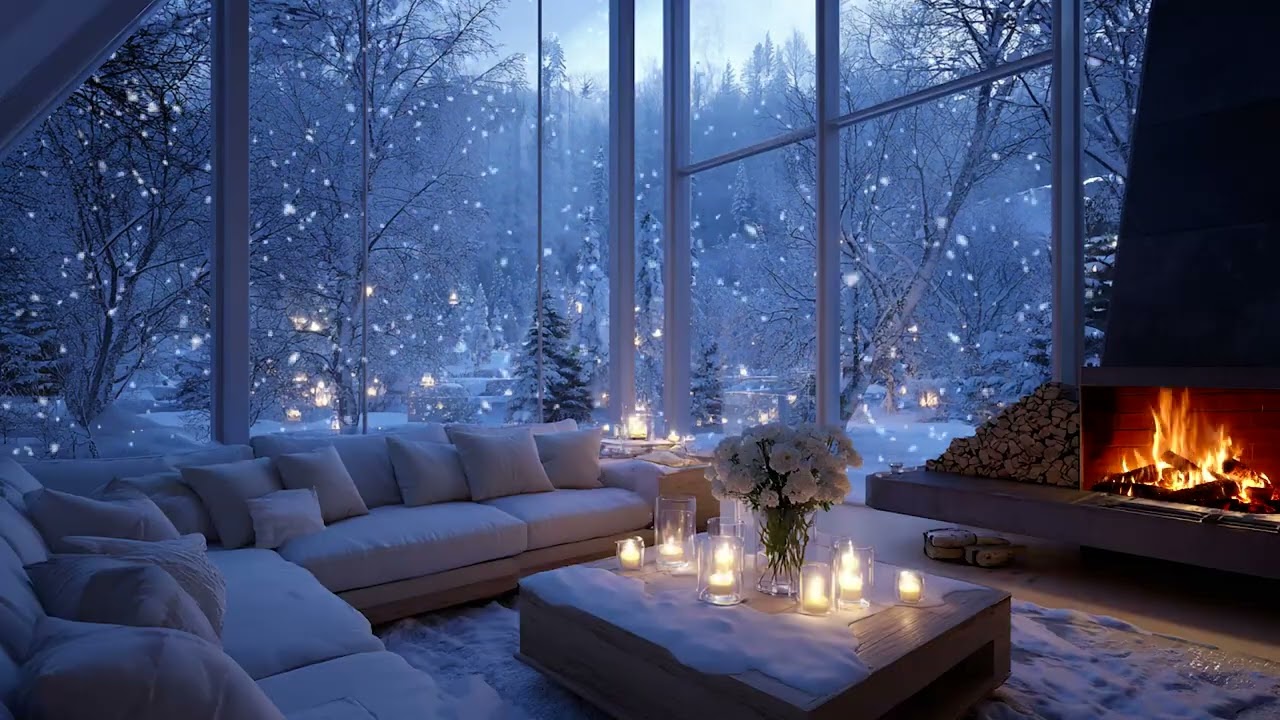 Cozy White Floral Piano Ambience | Fireplace Glow and Snowfall for Relax Focus