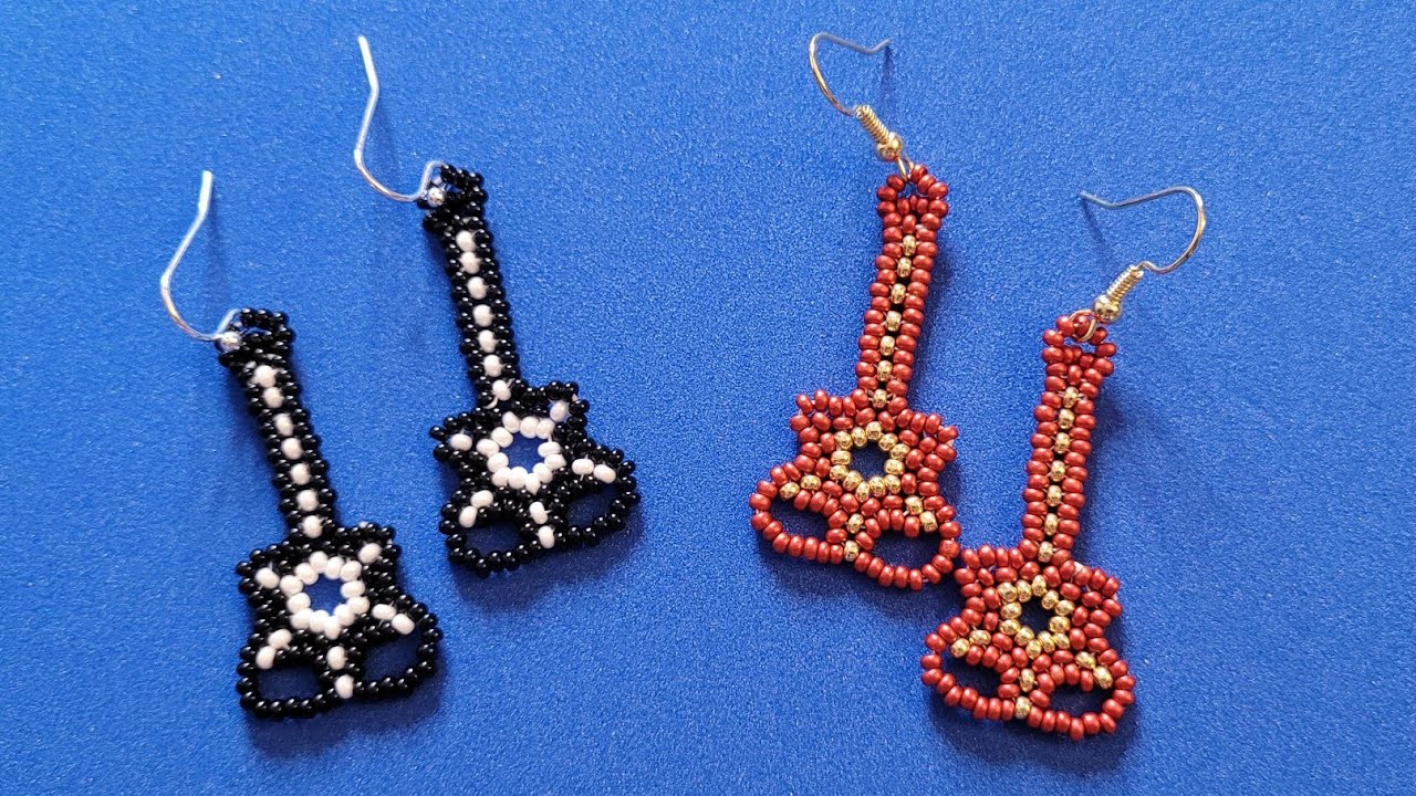 BISUTERIA FACIL PASO A PASO Aretes de guitarrita con mostacillas (chaquiras)  facil y bonitos