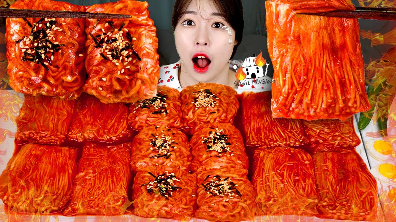 ASMR MUKBANG | Огненная лапша и огненные грибы, завернутые в рисовую бумагу, сырная пленка