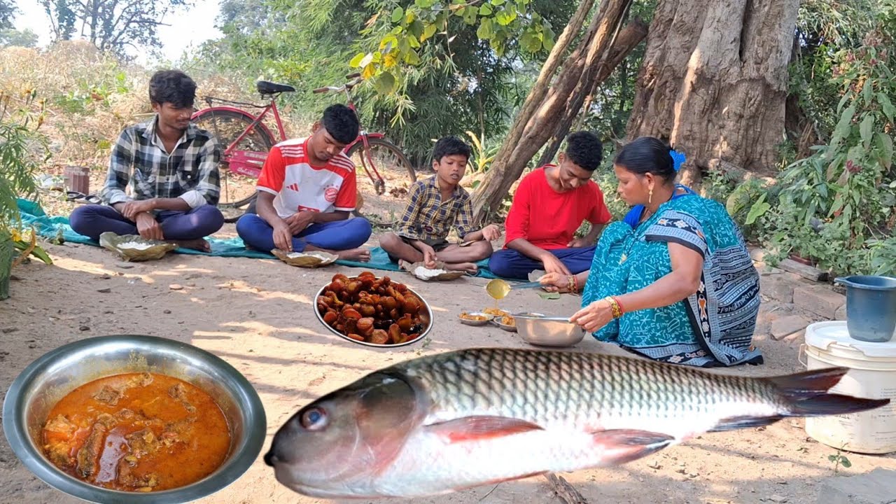  Spicy ROHU FISH curry recipe & Carrot fry  cooking & eating by tribal family l Village cooking 