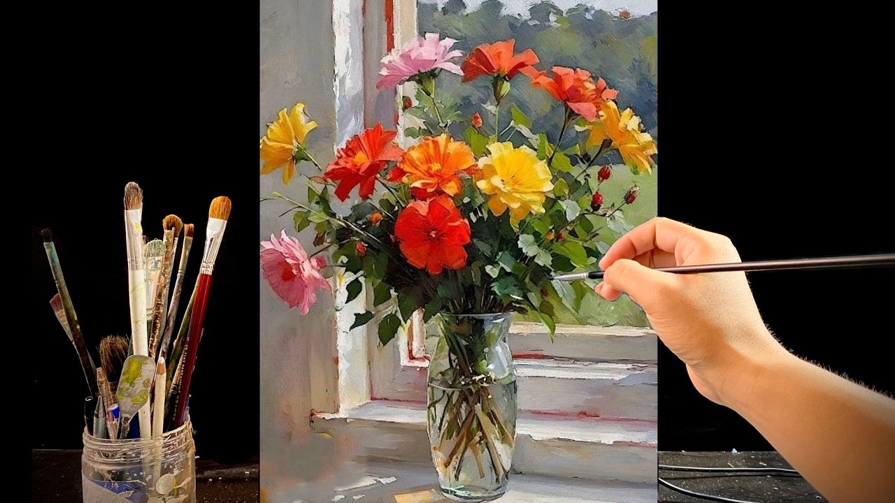 🎨 Painting Vibrant Garden Flowers in a Glass Vase | Relaxing Acrylic Floral Art | #132