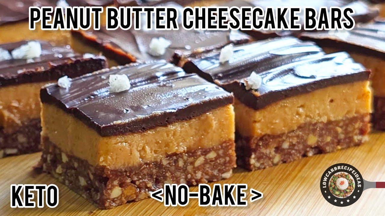 Peanut Butter Cheesecake Bars | Crispy crust, creamy PB cheesecake filling & silky-smooth ganache