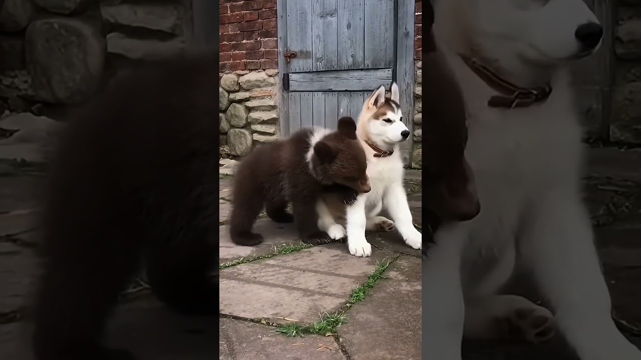 Самая неожиданная дружба: медвежонок и собака породы хаски.