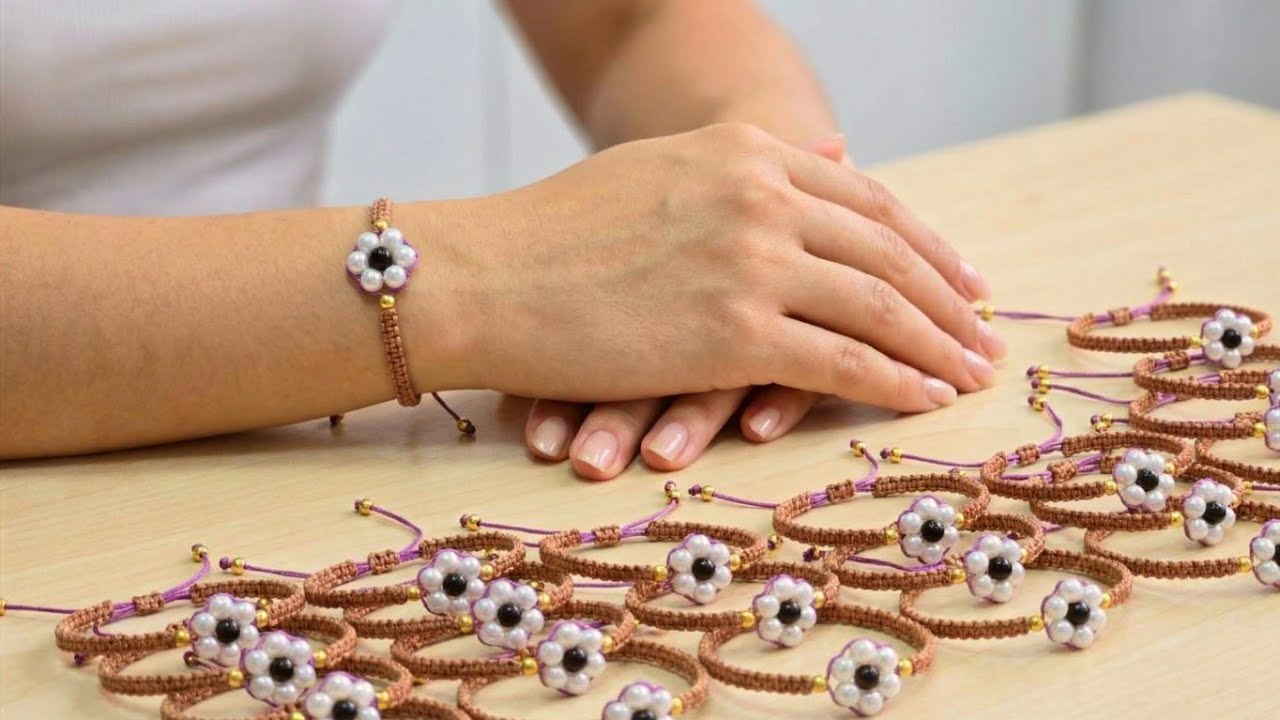 How to make Easiest flower Bracelet with beads 💎 | macrame bracelet tutorial | Thread Art 