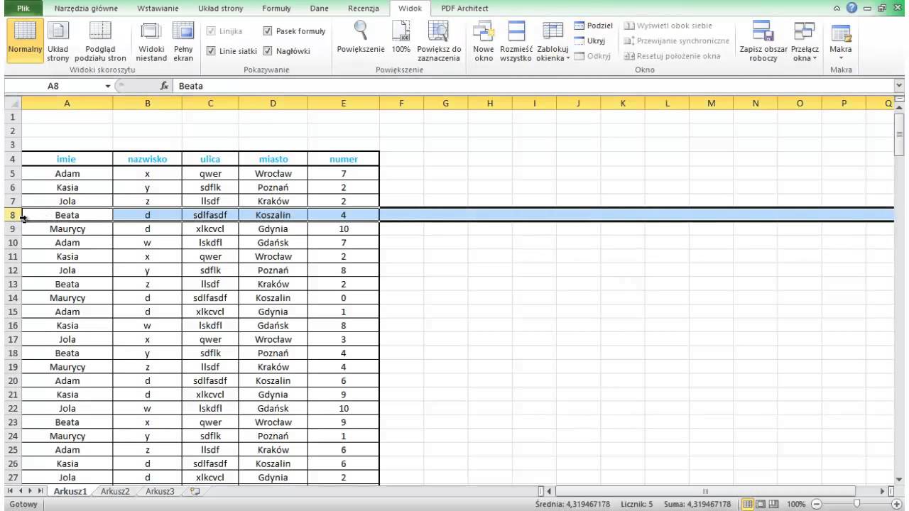 Excel - podstawy. Blokowanie kolumn i wierszy.