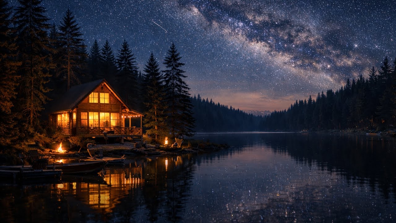 Starry Lake Night & Campfire | 5H Relaxing Sleep Music, Nature Ambience