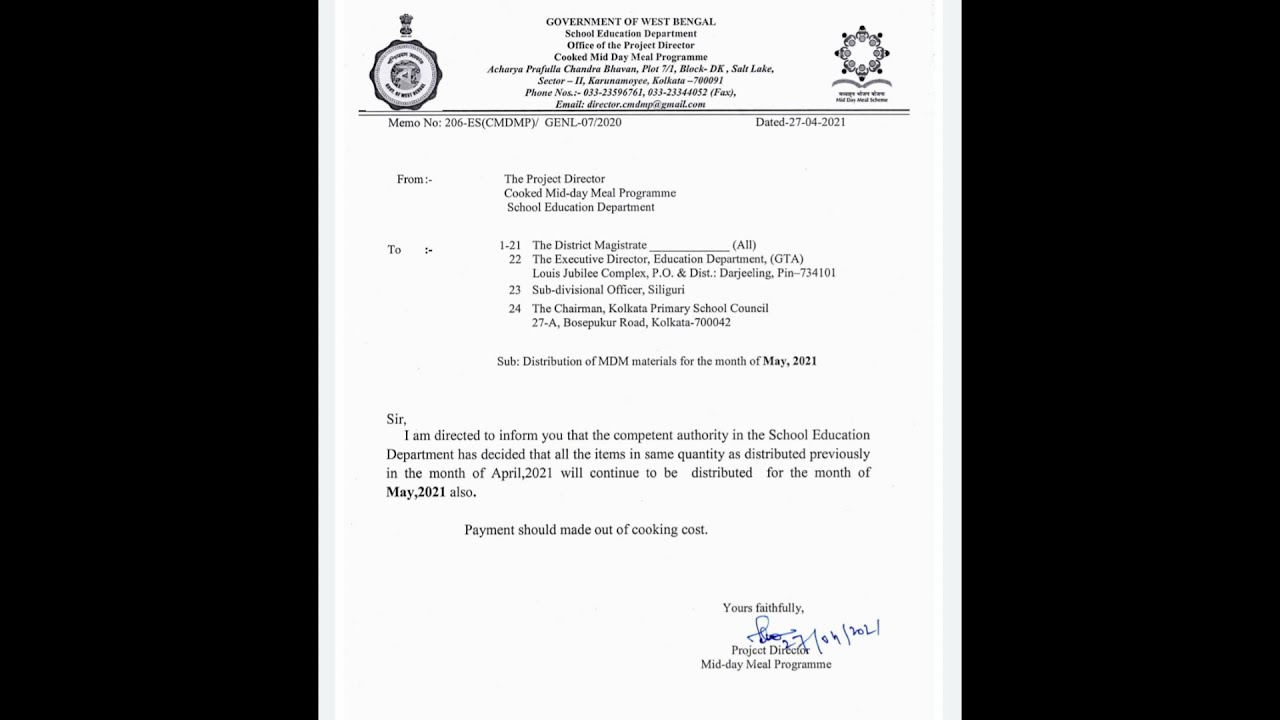 Notice For Mid-day Meal Distribution in May,2021 in West Bengal