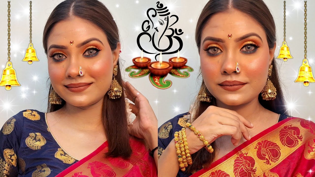 Full Traditional Ganesh Chaturthi Makeup Look 2025 | Waterproof Bold Glitter Eye Look /Saree Makeup 
