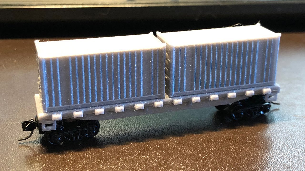 3D printing an N scale flat car and shipping containers