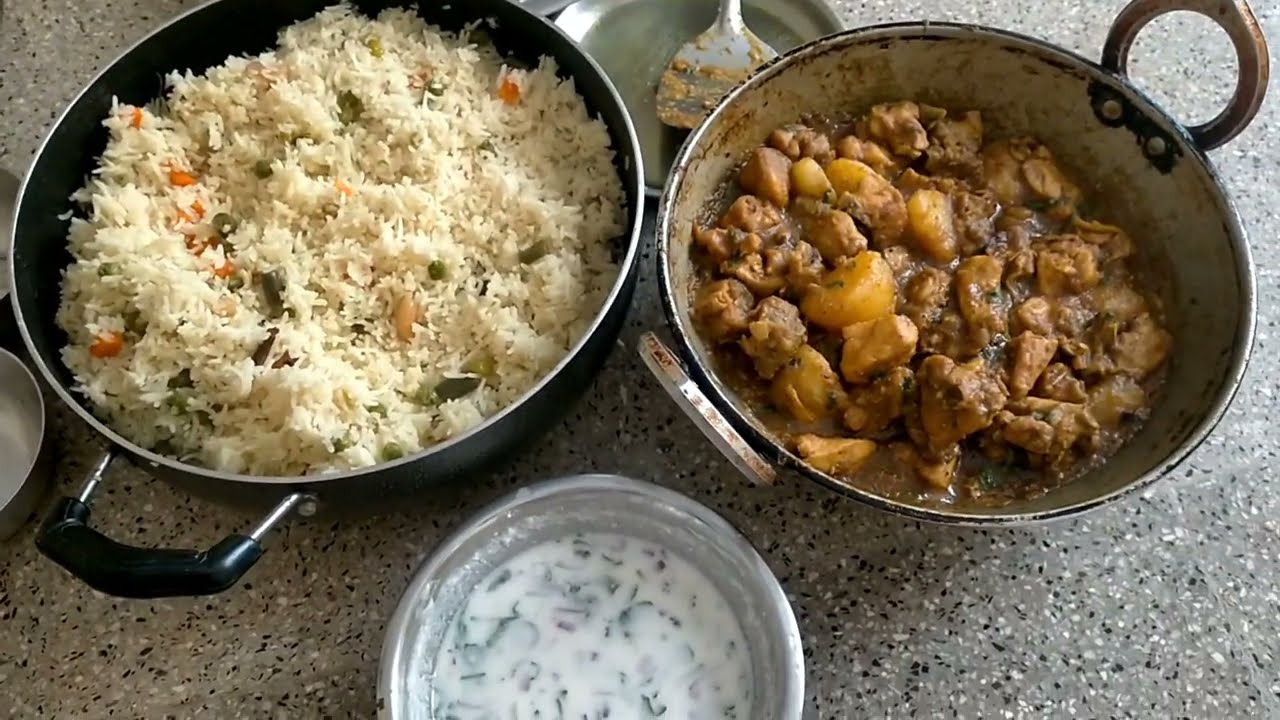 Lunch recipes বাসমতী পোলাও ,স্পেশাল চিকেন কষা, ও দই  রায়তা |