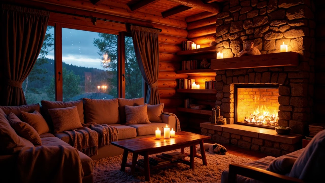 Quiet Rain Beyond the Window | Cozy Log Cabin Fireplace Ambience for Restful Sleep & Night Calm