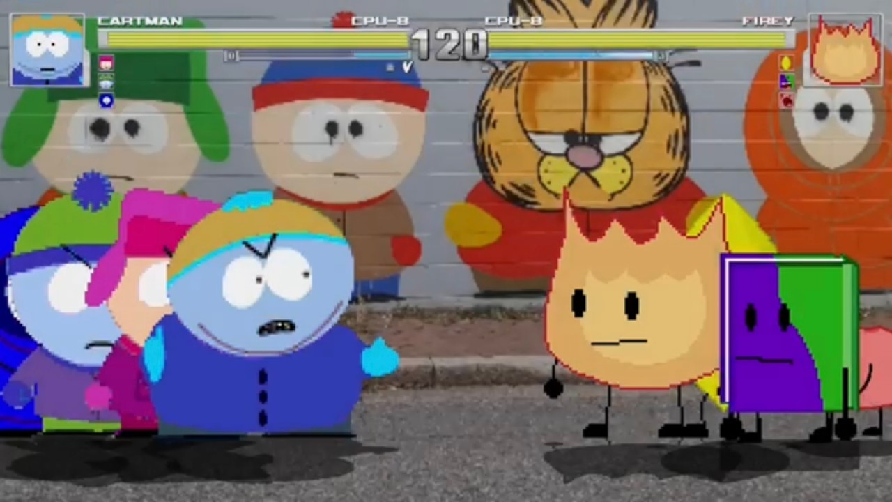 Cartman/Kyle/Stan/Kenny vs. Firey/Leafy/Book/Rocky 4v4 Total War (South Park vs. BFDI) | M.U.G.E.N