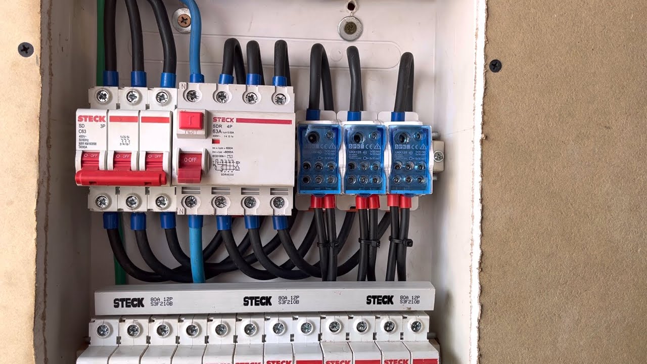 Quadro trifásico com bloco de distribuição.